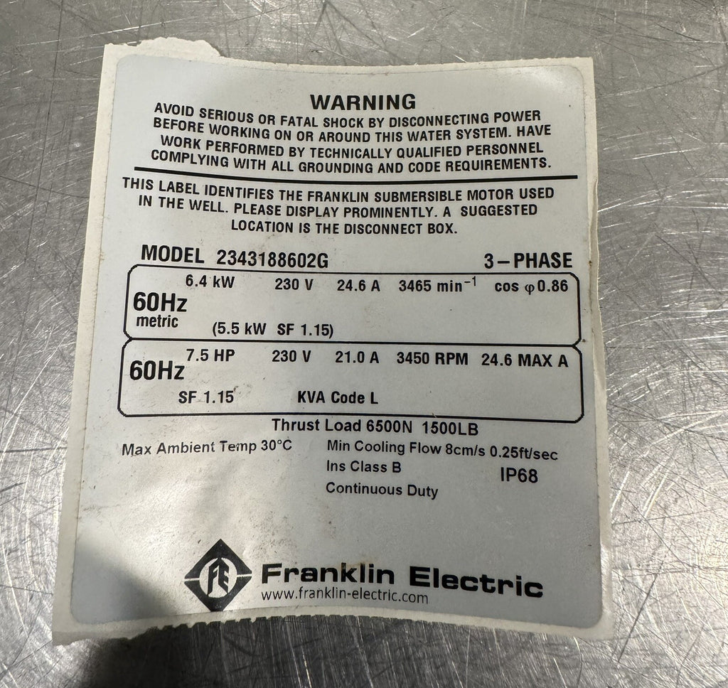 Franklin Electric 2343188602G Well Motor 4” 230V 7.5HP NEW IN BOX! FREE SHIPPING