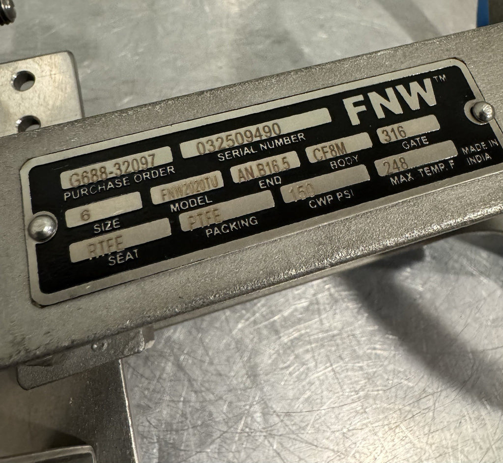 FNW 2020TU 6" Slide Gate Knife Valve CF8M Body 316 Gate RTFE Seat PTFE Packing