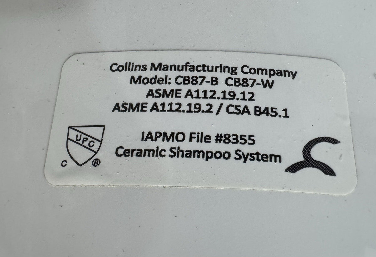 Collins CB87-B Salon Oversized Tilting Shampoo Sink Kit Porcelain White NEW!