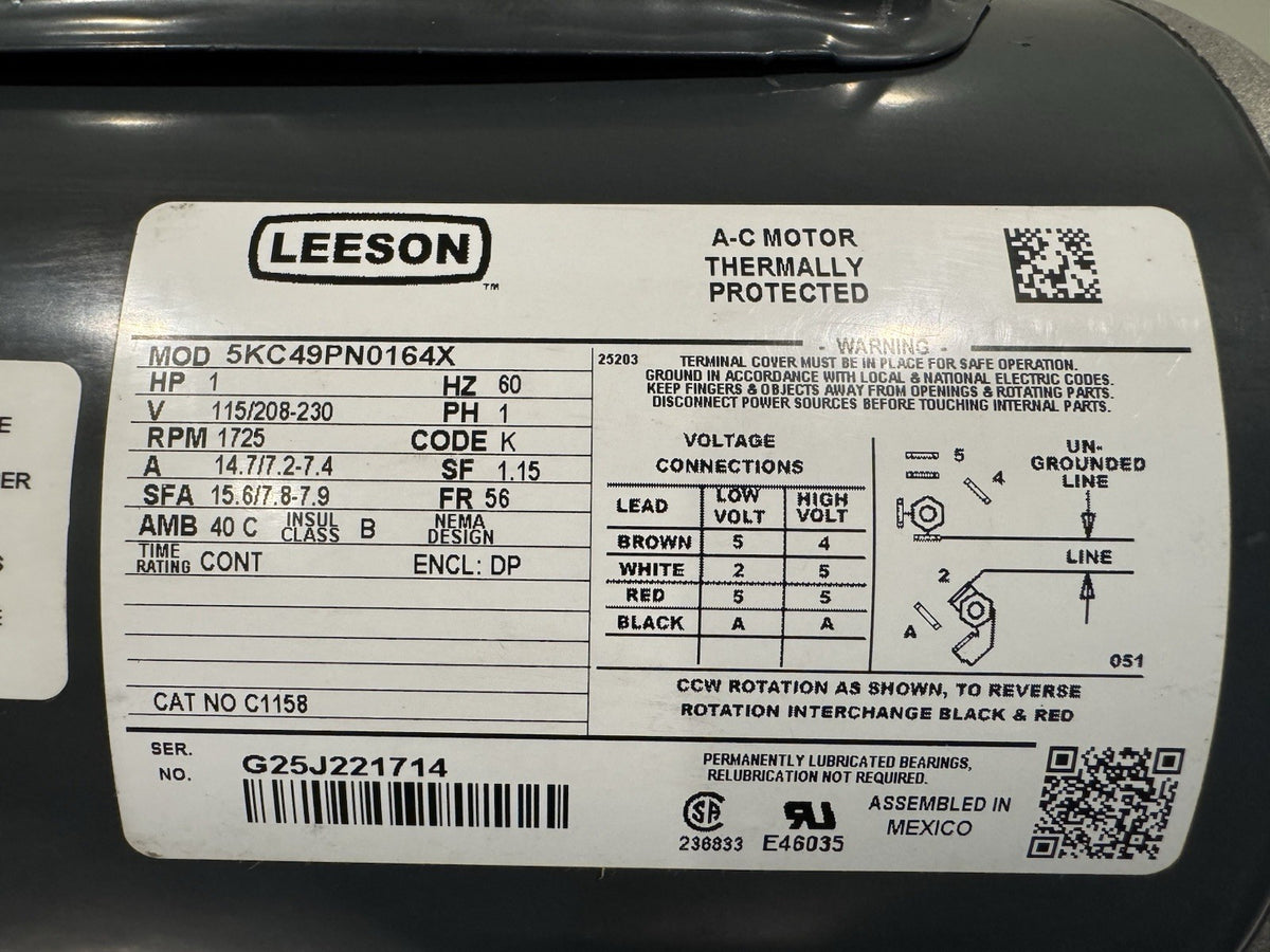 Leeson C1158 Motor 1HP 115/208-230V 1725 RPM 5KC49PN0164X NEW! SHIPS FREE!