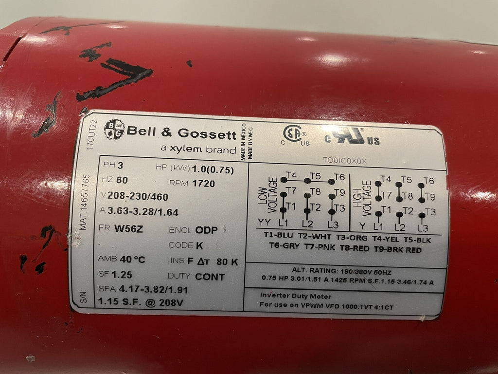 Bell & Gossett 14657765 Motor 1HP 3PH 208-230/460 1720 RPM W56Z NEW!