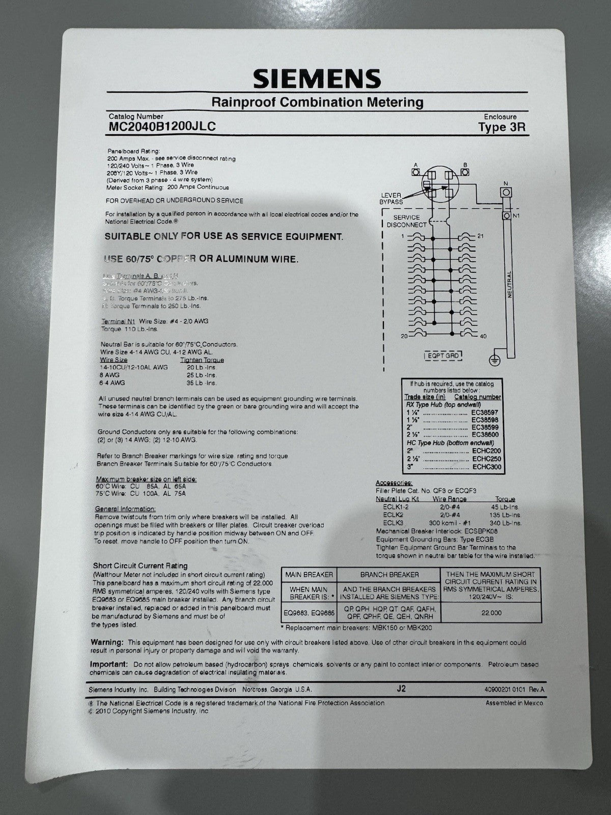 Siemens MC2040B1200JLC 200 Amp 20 Space 40 Circuit 5 Jaw Bypass Meter Center NEW