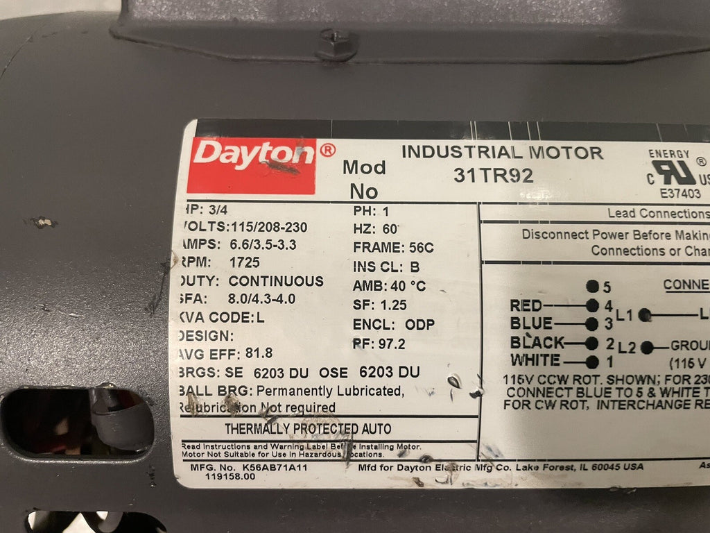 Dayton 31TR92 Motor 3/4HP 115/208-230V 1725 RPM 1PH Continuous NEW!