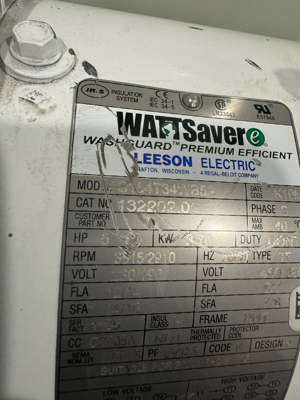 Leeson 132202.00 Washdown Motor 5HP 230/190V C184T34WB5A NEW! FREE SHIPPING!