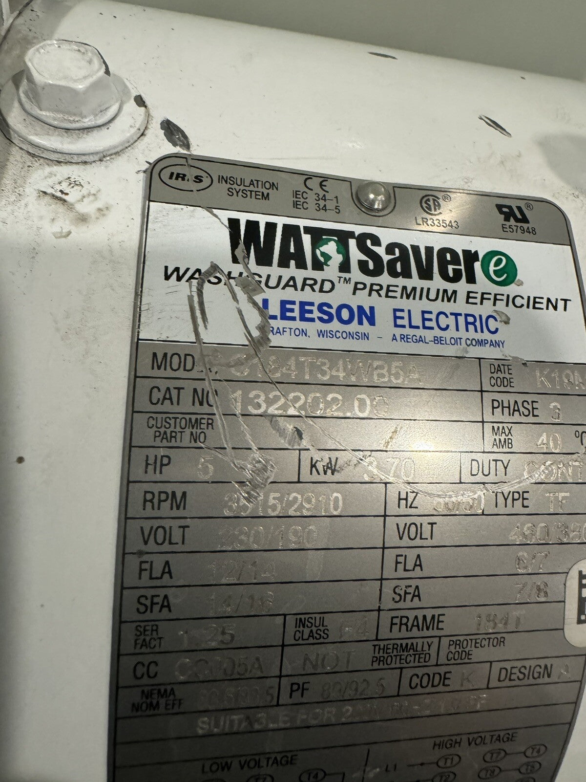 Leeson 132202.00 Washdown Motor 5HP 230/190V C184T34WB5A NEW! FREE SHIPPING!