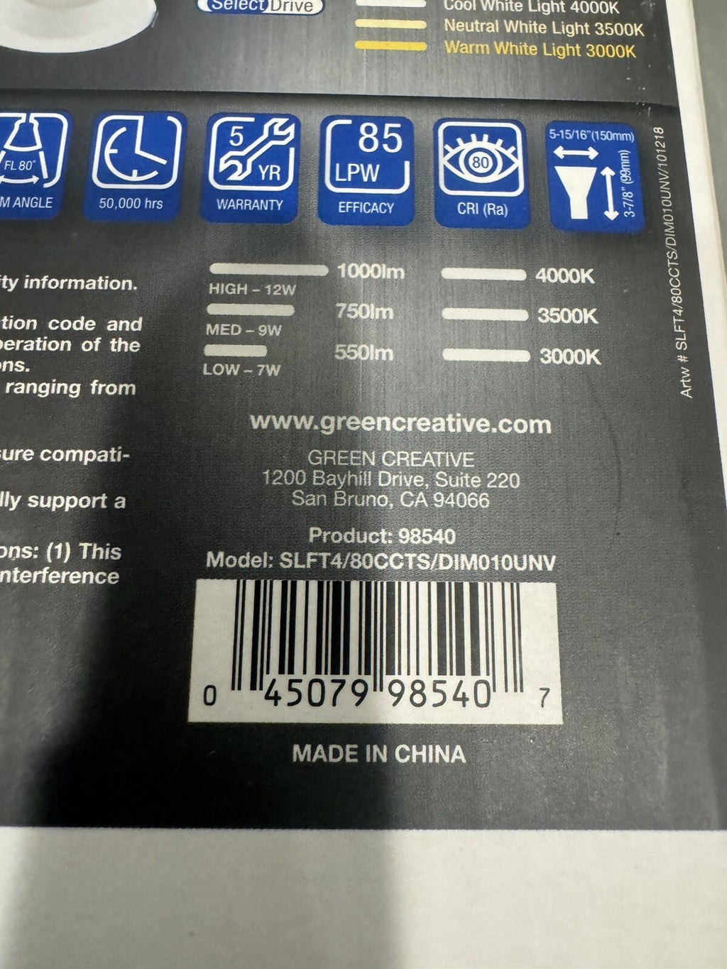 Green Creative 98540 LED Light Bulb 4” Retrofit Selectable NEW! FREE SHIPPING!