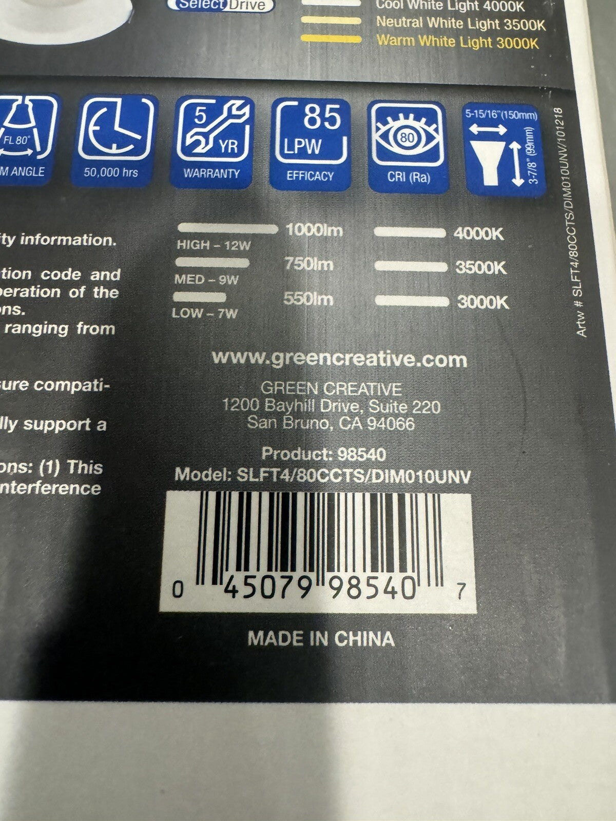 Green Creative 98540 LED Light Bulb 4” Retrofit Selectable NEW! FREE SHIPPING!