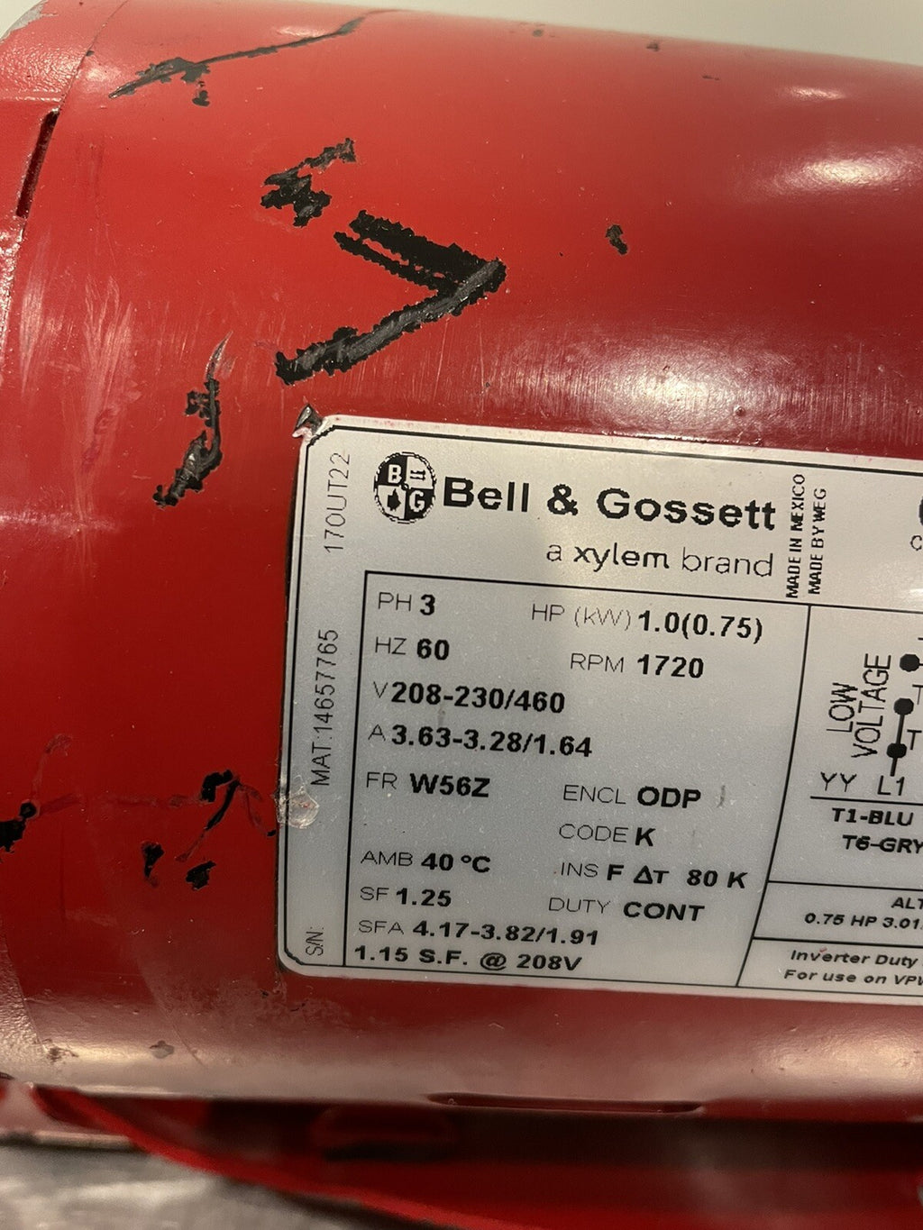 Bell & Gossett 14657765 Motor 1HP 3PH 208-230/460 1720 RPM W56Z NEW!