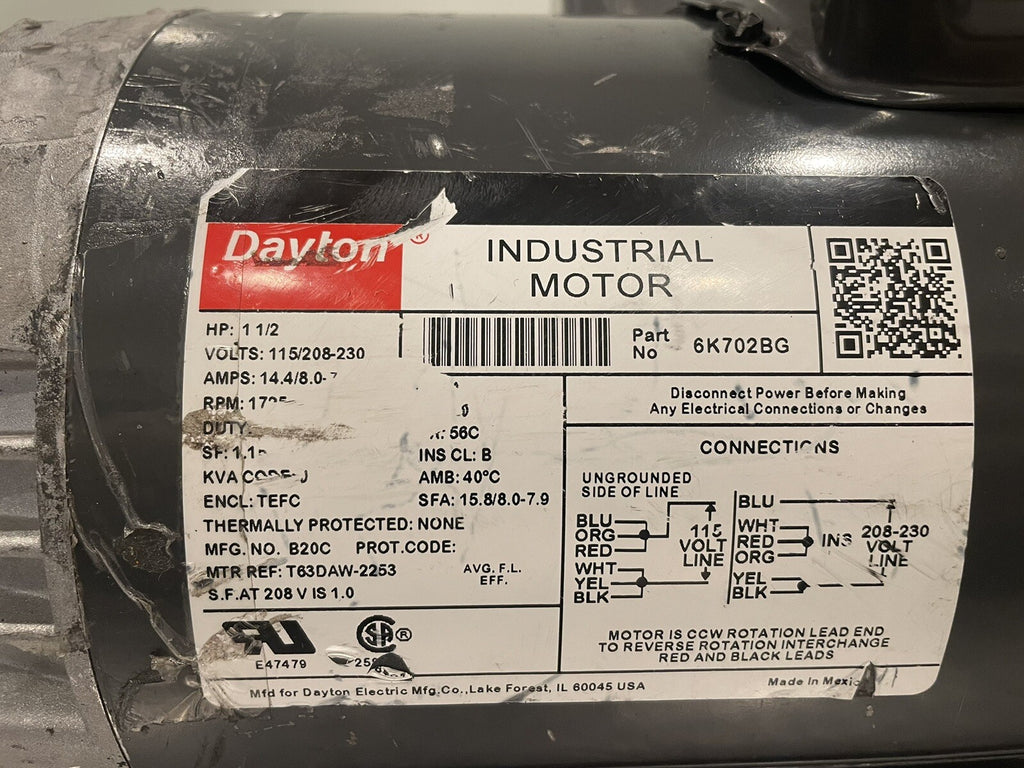 Dayton 6K702 BG Motor 1-1/2 HP 1725 RPM 115/208-230 NEW! FREE SHIPPING!