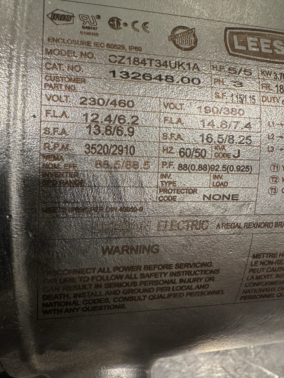 Leeson 132648.00 Motor 5HP 230/460V 3520/2910 RPM NEW! FREE SHIPPING!