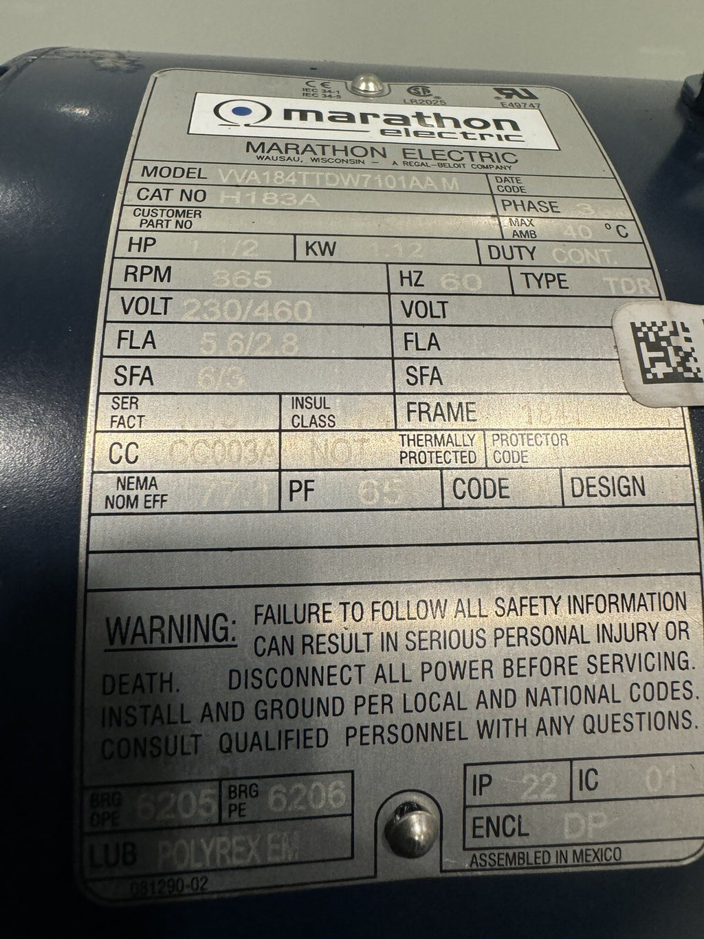 Marathon H183A Electric Motor 1.5HP 865 RPM 230/460V NEW! FREE SHIPPING!