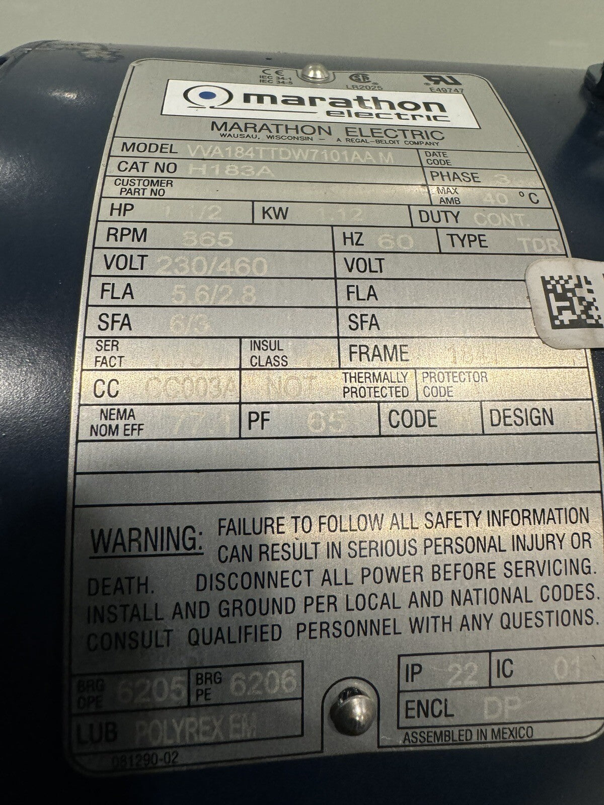 Marathon H183A Electric Motor 1.5HP 865 RPM 230/460V NEW! FREE SHIPPING!