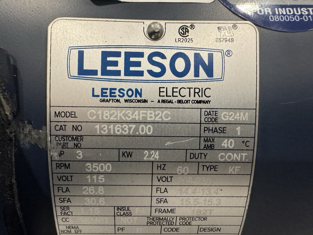Leeson 131637.00 Motor 3HP 115/208-230V 3500 RPM 1PH NEW! FREE SHIPPING!