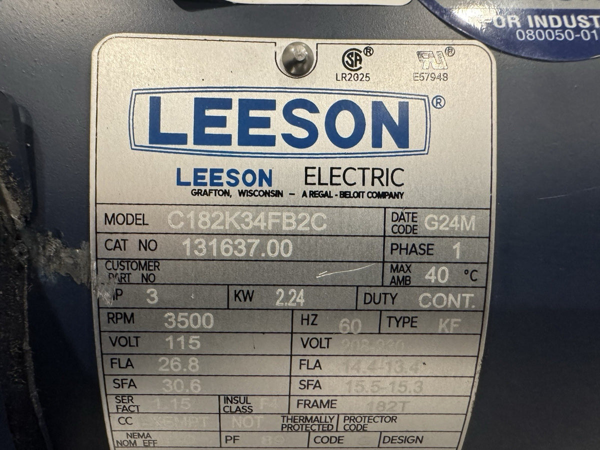 Leeson 131637.00 Motor 3HP 115/208-230V 3500 RPM 1PH NEW! FREE SHIPPING!