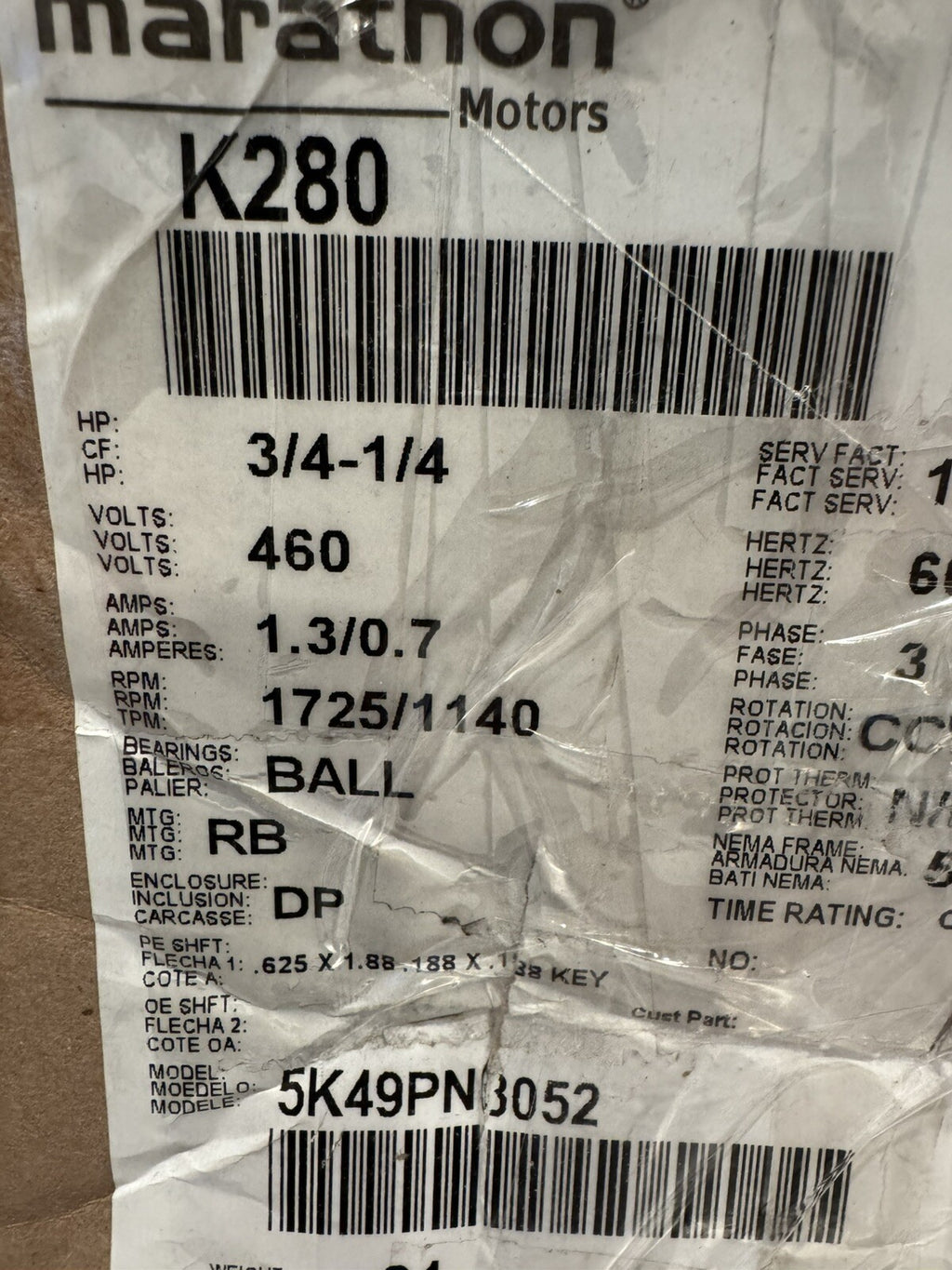 Marathon K280 Belt Drive Fan Motor 1725/1140 RPM 5K49PN3052 NEW IN BOX!
