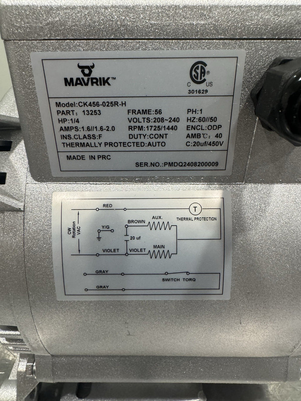 Mavrik CK456-025R-H 1/4HP 208-230V Motor 13253 NEW! FREE SHIPPING!