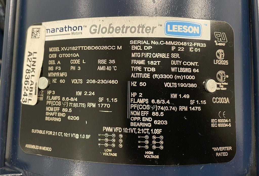 Marathon GT0010A Motor 3HP 182T 3PH 208-230/460V NEW! SHIPS FREE!