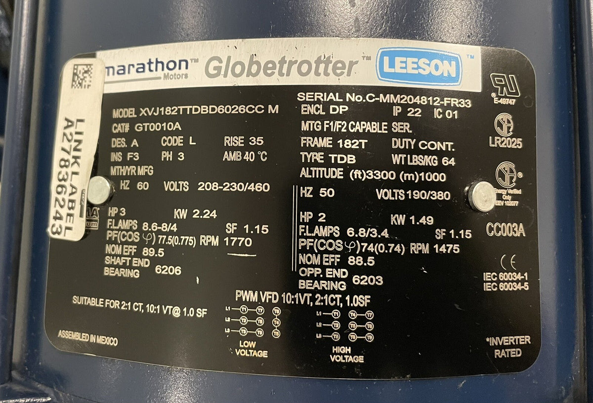 Marathon GT0010A Motor 3HP 182T 3PH 208-230/460V NEW! SHIPS FREE!