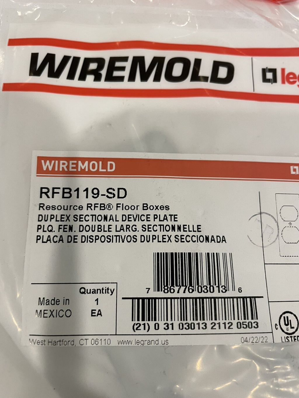 Wiremold RFB119-SD Single Hand Duplex Sectional Device Plate Floor Box Cover NEW