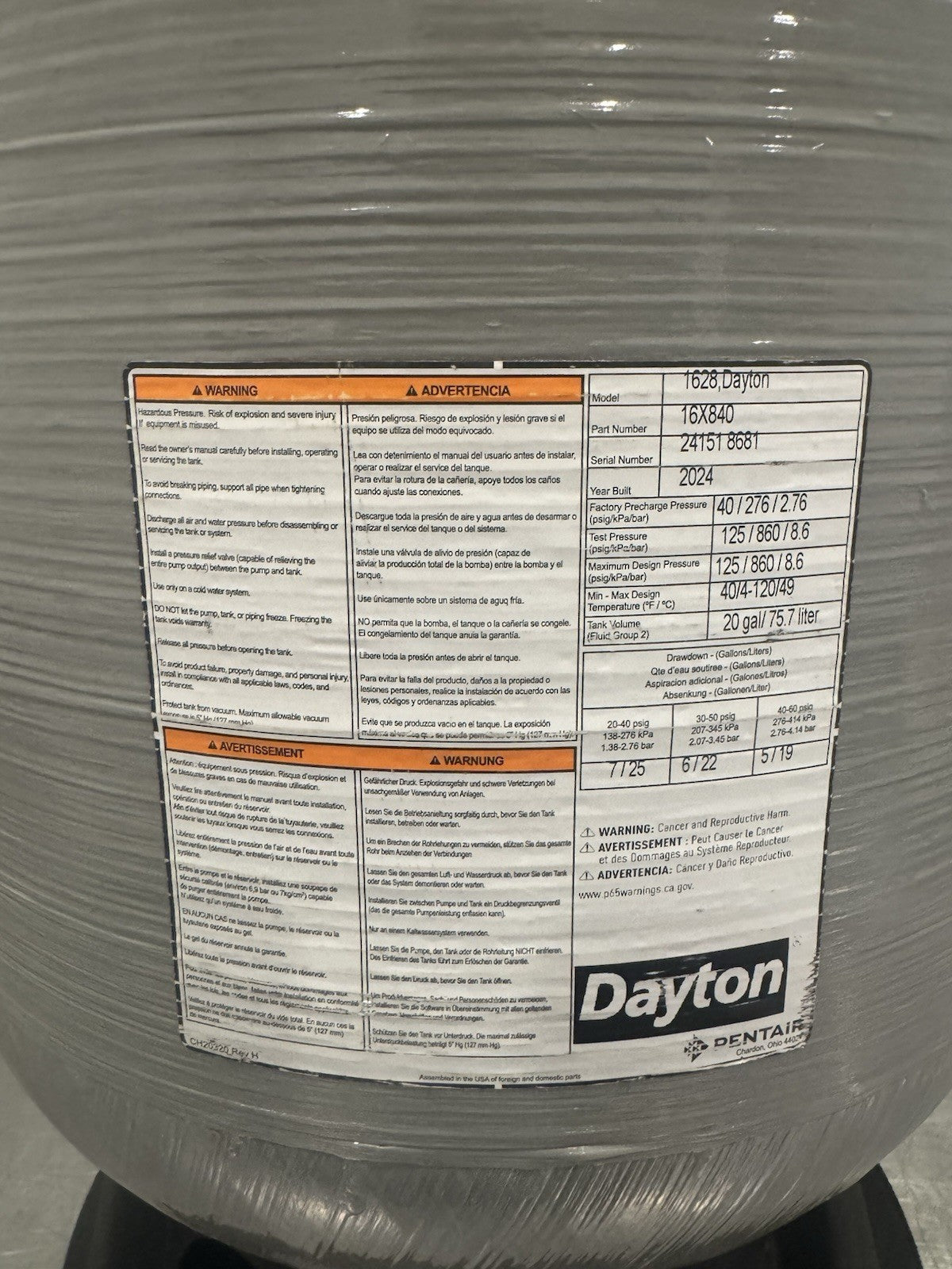 Dayton 16X840 Vertical Water Tank 20 Gallon 1628 NEW! FREE SHIPPING!