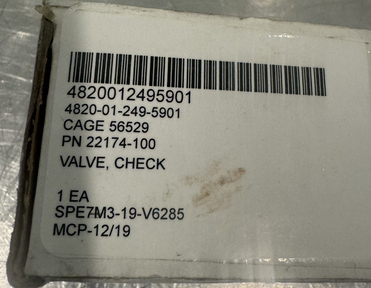 22174-100 Check Valve ASSY 4820-01-249-5901 NEW IN BOX! FREE SHIPPING!
