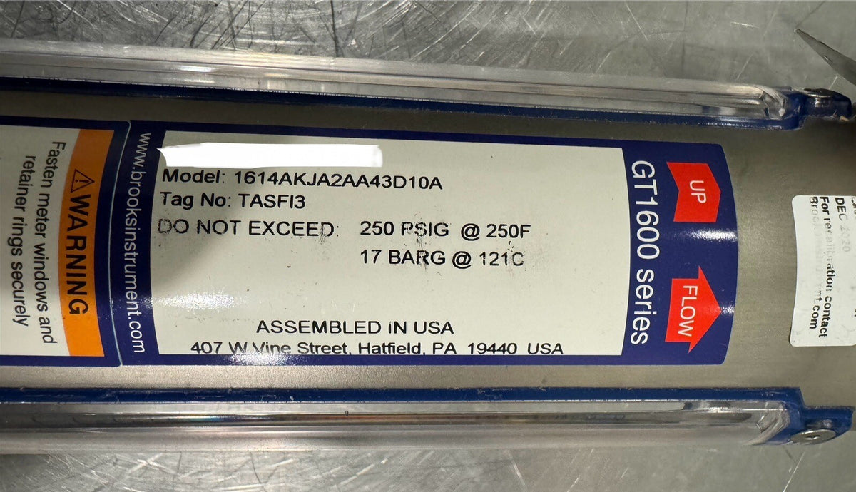 Brooks Instrument GT1600 Series Variable Area Flow Meter 1614AKJA2AA43D10A NEW!