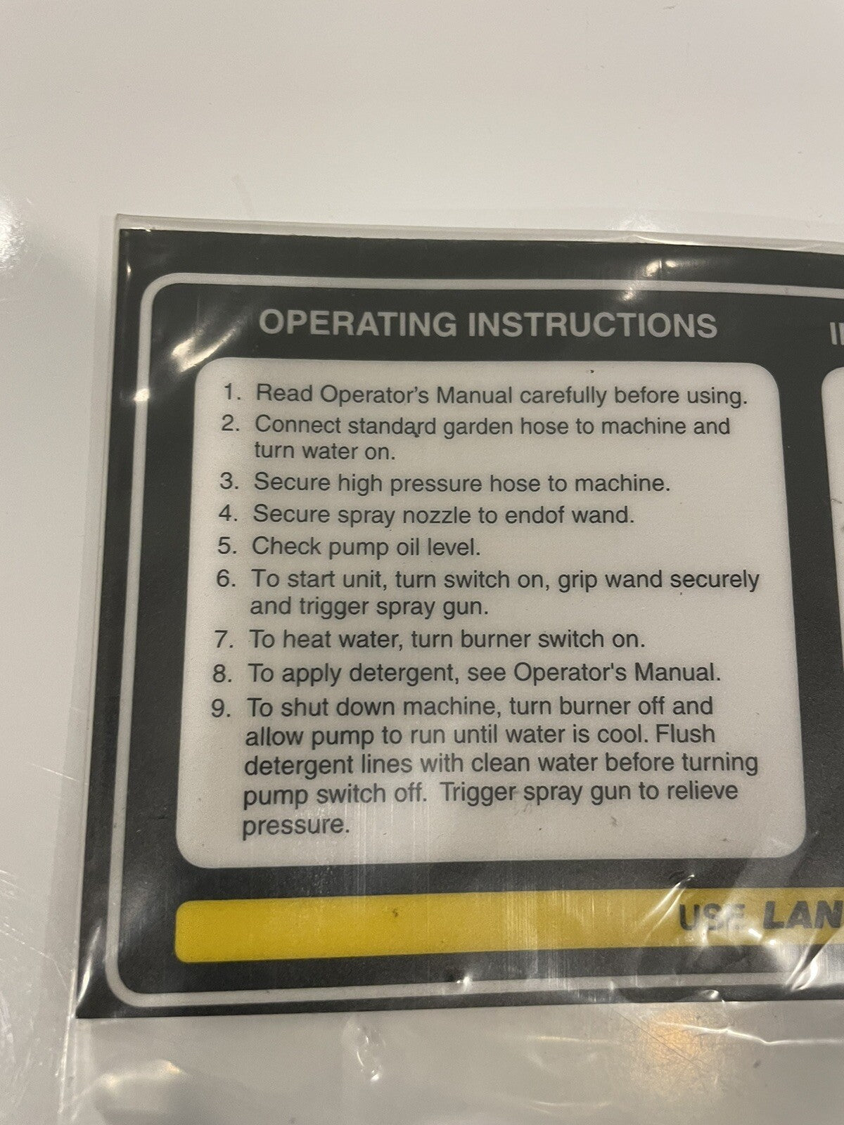 Landa 8.917-587.0 Control Panel Operating Label NEW! FREE SHIPPING!