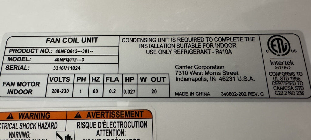 Carrier 40MFQ012 Air Conditioner Indoor Unit 40MFQ012---3 Split Type Aircon NEW!