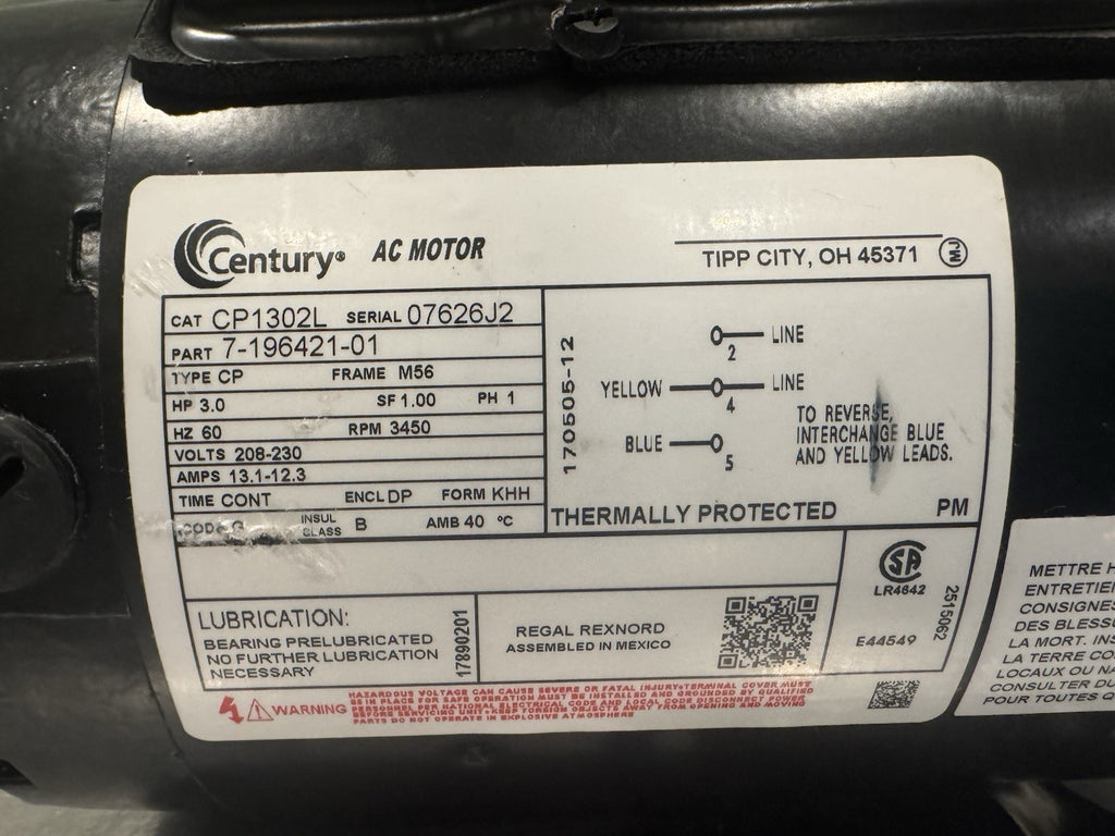 Century CP1302L Air Compressor Motor 3HP 208-230V 3450 RPM NEW! FREE SHIPPING!