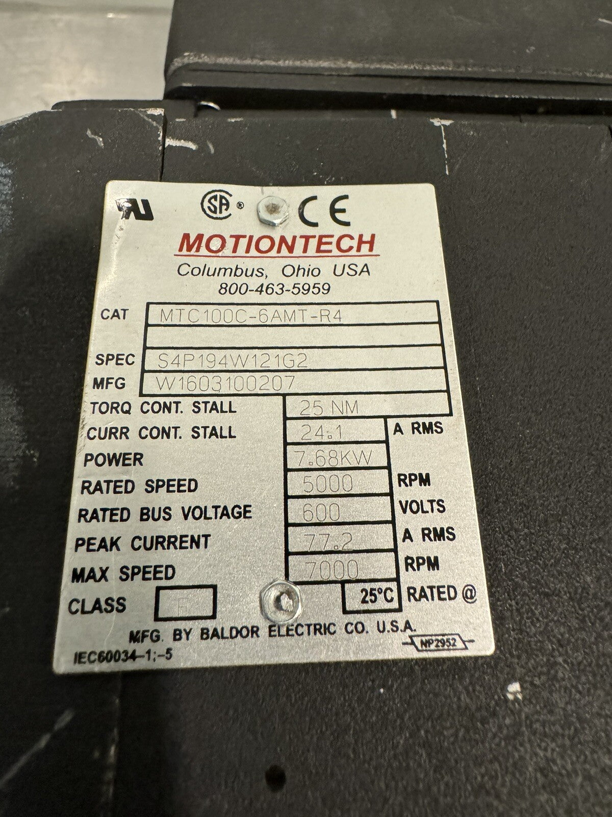 Baldor Motiontech MTC100C-6AMT-R4 Servo Motor W1603100207 NEW! FREE SHIPPING!