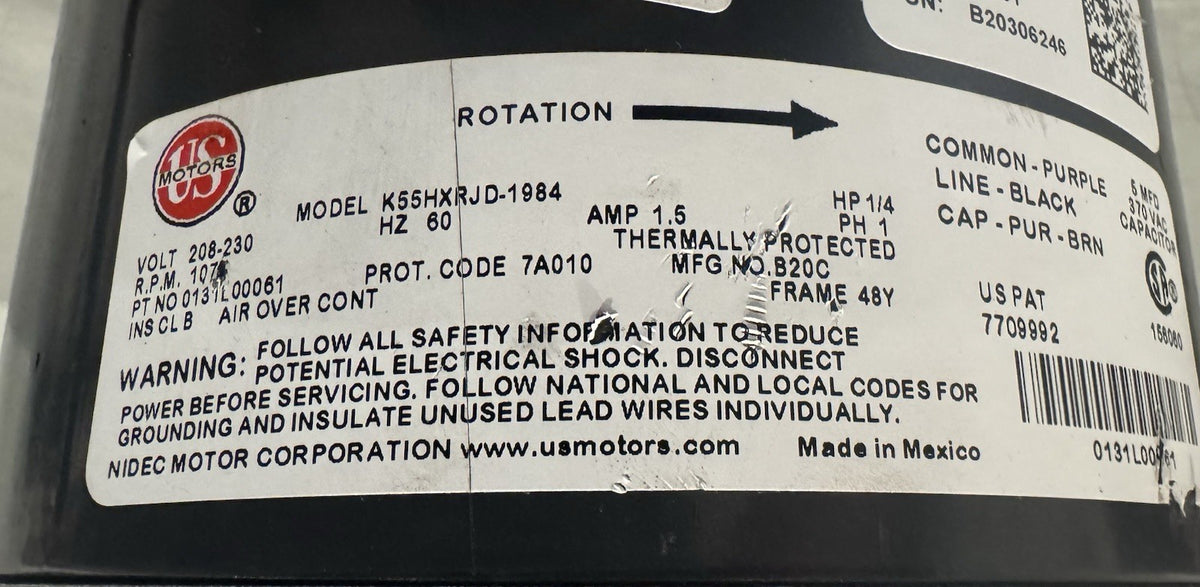US Motors K55HXRJD-1984 Condenser Fan Motor 1/4HP 208-230V B20C NEW! SHIPS FREE!