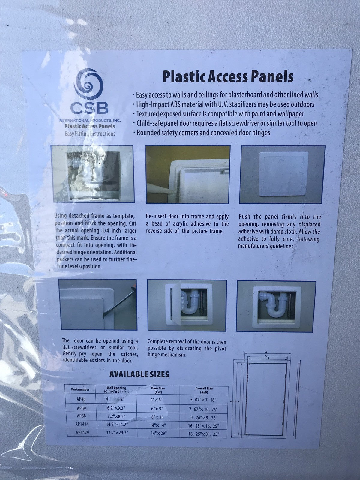 CSB AP1429 Access Panel White ABS 14” X 29” Plastic NEW