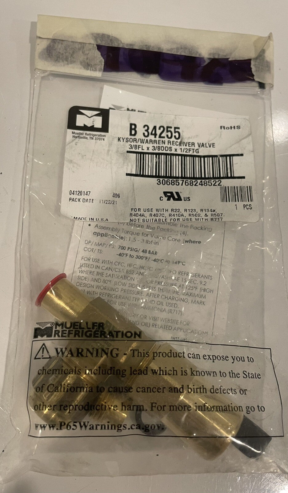 Mueller B 34255 Receiver Valve 3/8FL x 3/8ODS x 1/2FTG B34255 NEW!