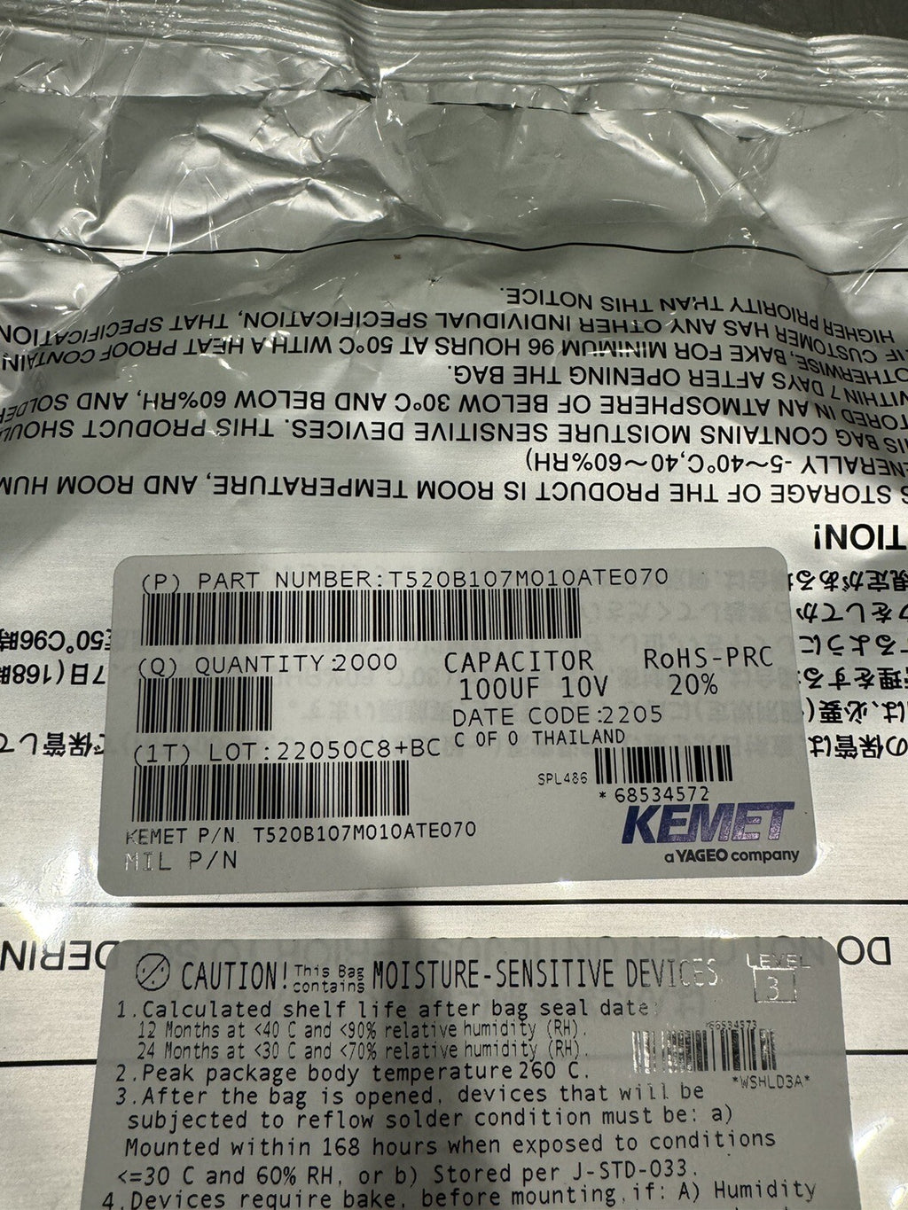 Kemet T520B107M010ATE070 100UF 10V Capacitor 2000 PACK NEW! FREE SHIPPING!