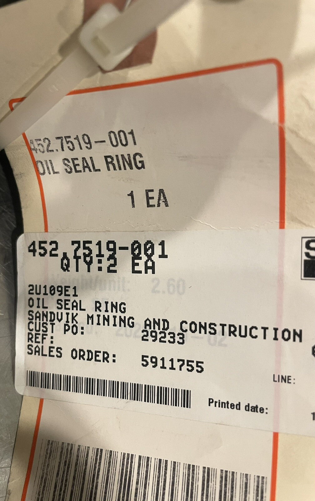 Sandvik 452.7519-001 Oil Seal Ring 29233 NEW! FREE SHIPPING!