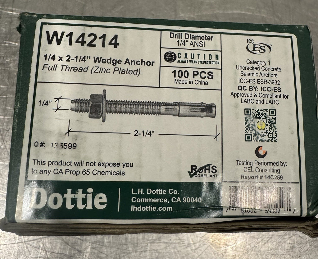 Dottie W14214 1/4 x 2-1/4” Wedge Anchor Full Thread Zinc Plated 100 PACK NEW!