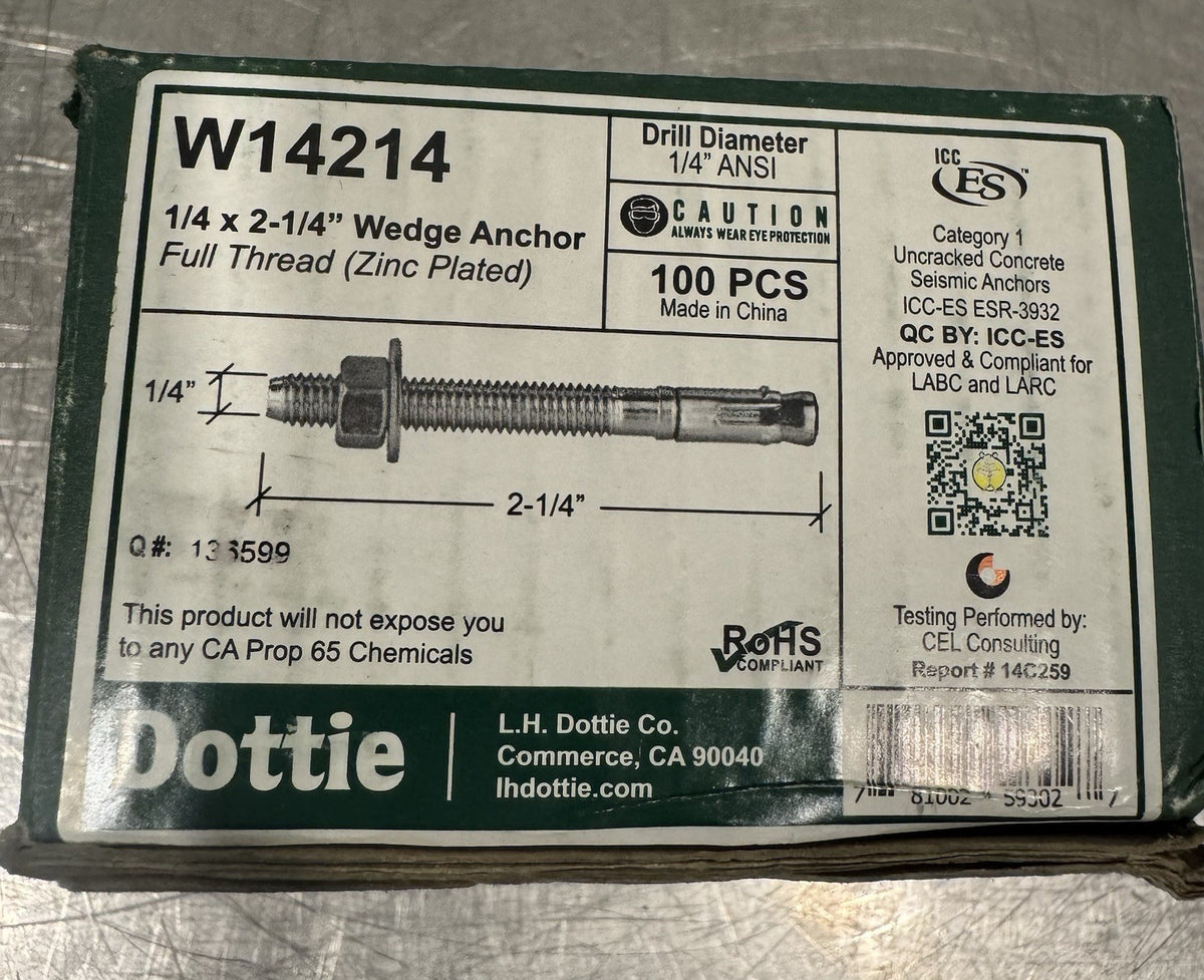Dottie W14214 1/4 x 2-1/4” Wedge Anchor Full Thread Zinc Plated 100 PACK NEW!