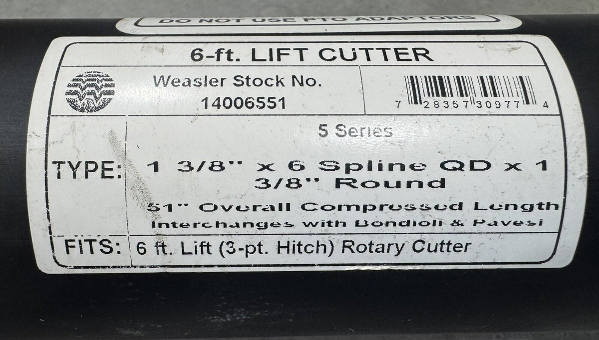 Weasler 14006551 PTO Driveline 1-3/8” X 6 Spline QD Rotary Cutter NEW SHIPS FREE