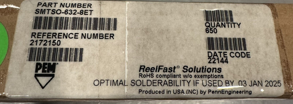 Penn Engineering SMTSO-632-8ET PACK OF 650 Reelfast Surface Mount Nuts Standoff 