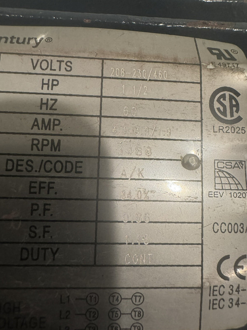 Century SD104 Motor 208-230/460V 1.5 HP 3488 RPM PE3AA21A01C NEW! FREE SHIPPING!
