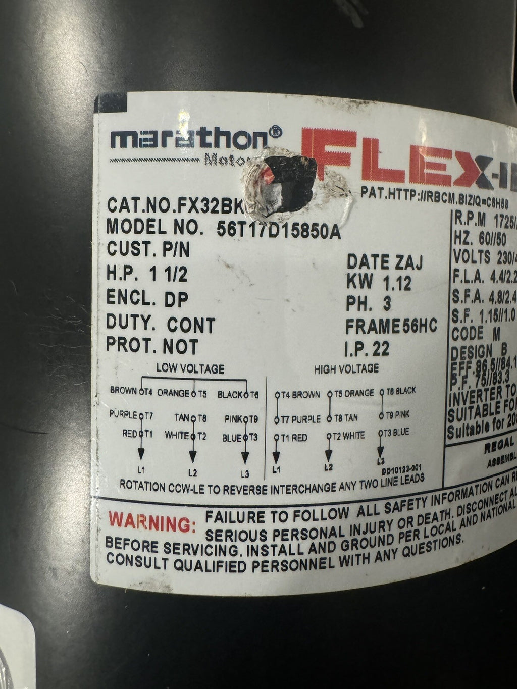 Marathon FX32BK003 Motor 1.5 HP 1725/ 1425 RPM Dripproof 56T17D15850A NEW IN BOX