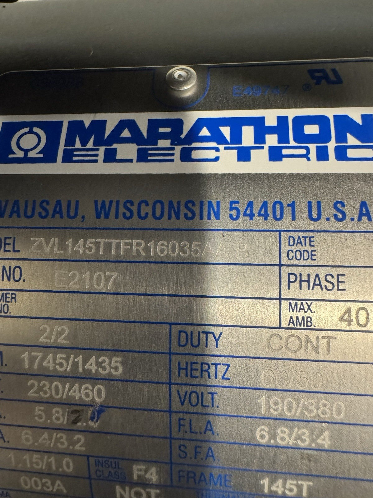 Marathon E2107 Leeson Motor 2/2HP 1745/1435 RPM 230/460V NEW! SHIPS FREE!