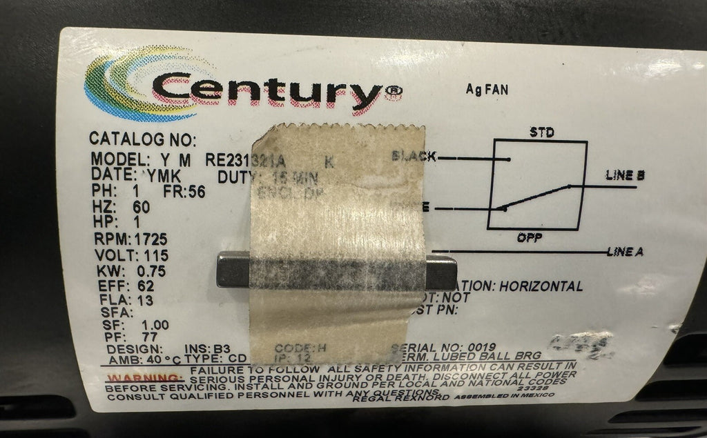 Century Y M RE231321A Motor 1HP 1725 RPM 115V 56 Frame Farm Duty NEW!