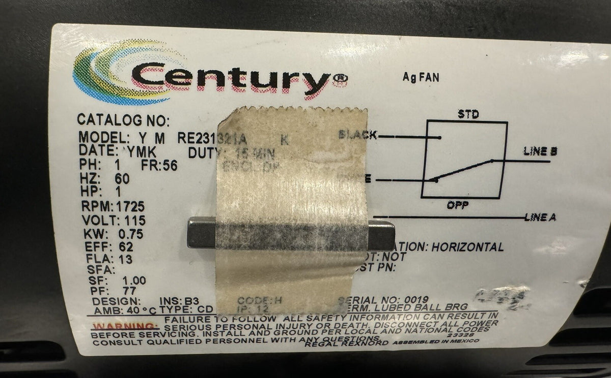 Century Y M RE231321A Motor 1HP 1725 RPM 115V 56 Frame Farm Duty NEW!