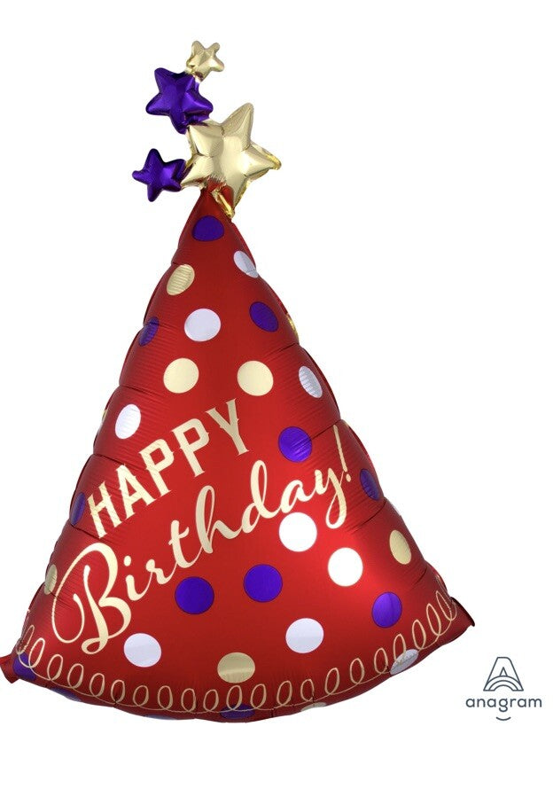 (1) Red Satin Happy Birthday Party Hat Large Mylar Balloon 36” Anagram 39061