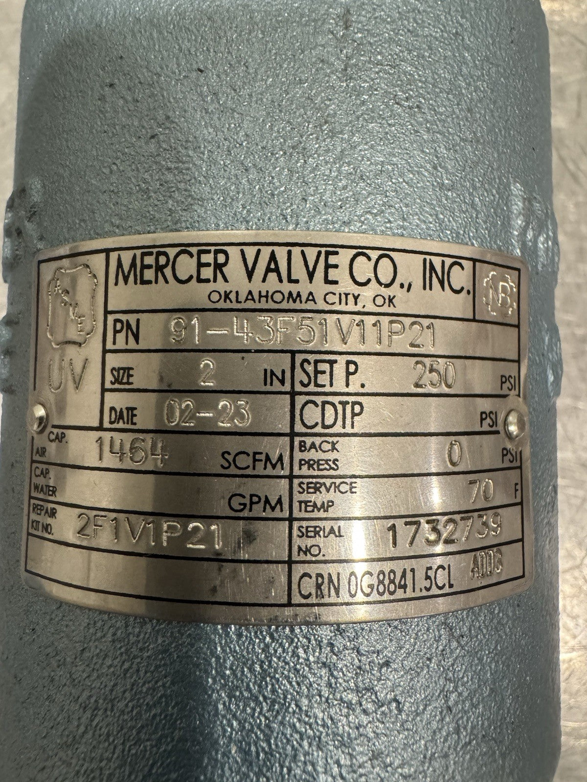 Mercer 91-43F51V11P21 Relief Valve 2" 250 PSI 1464 SCFM NEW! FREE SHIPPING!