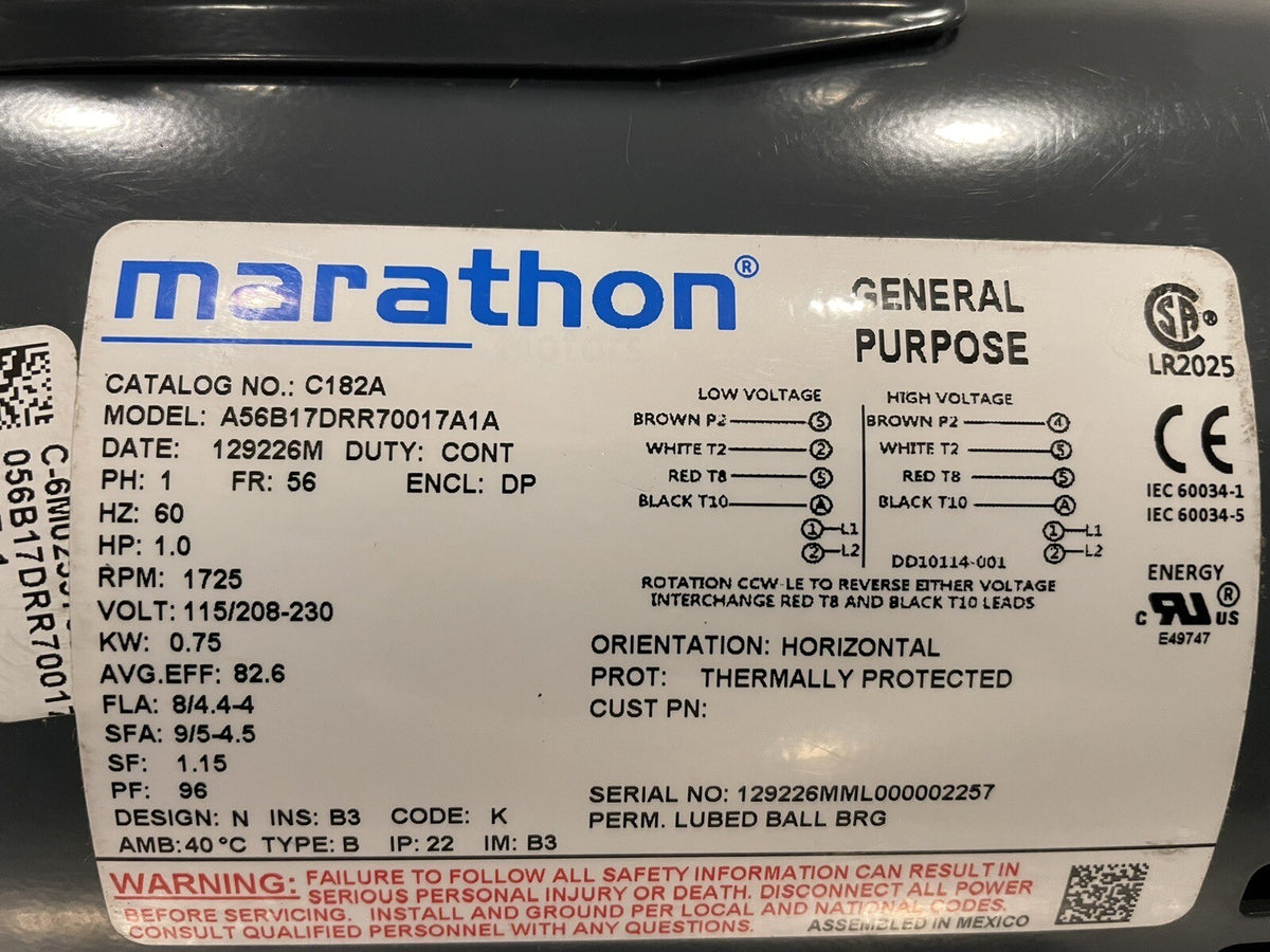 Marathon C182A Electric Motor 1HP 115/208-230V 1725 RPM 056B17DRR70017A1 NEW!!!