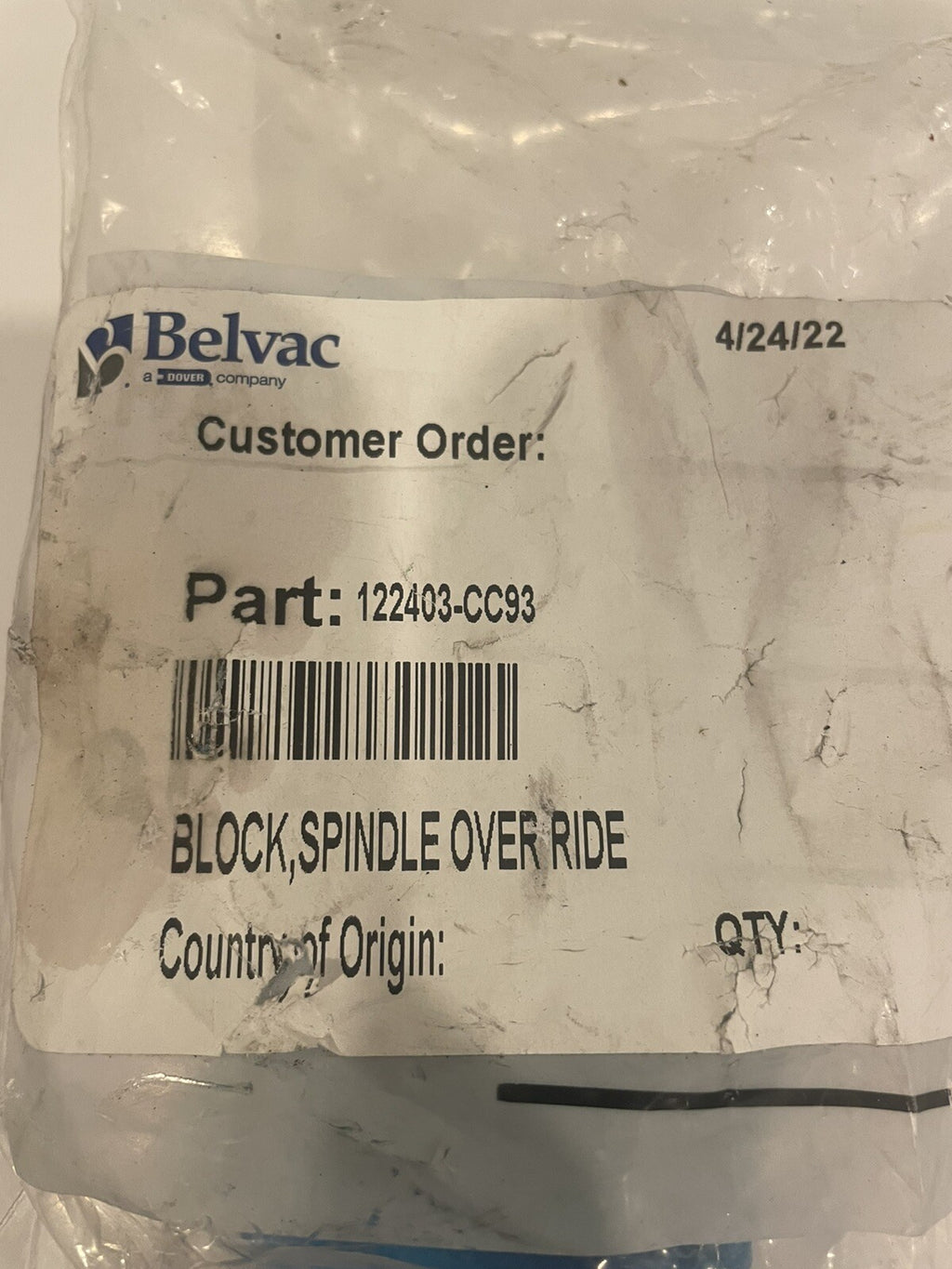 Belvac 122403-CC93 Block Spindle Over Ride NEW! FREE SHIPPING!