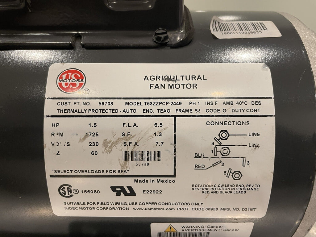 US Motors D21MT Electric Motor 56708 High Torque T63ZZPCP-2449 1.5HP 1725 RPM