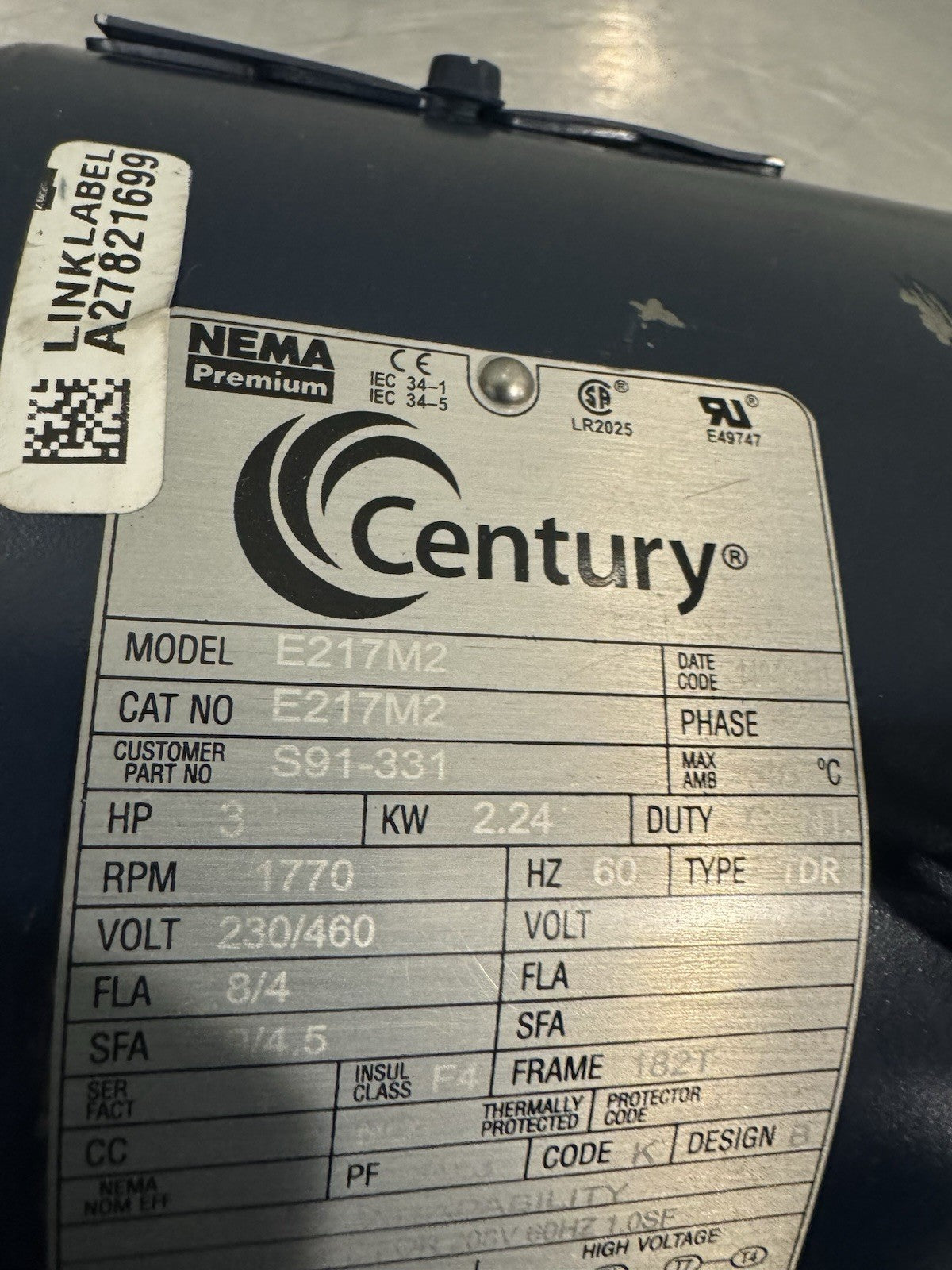 Century E217M2 Motor 3HP 230/460V 1770 RPM S91-331 NEW! SHIPS FREE!